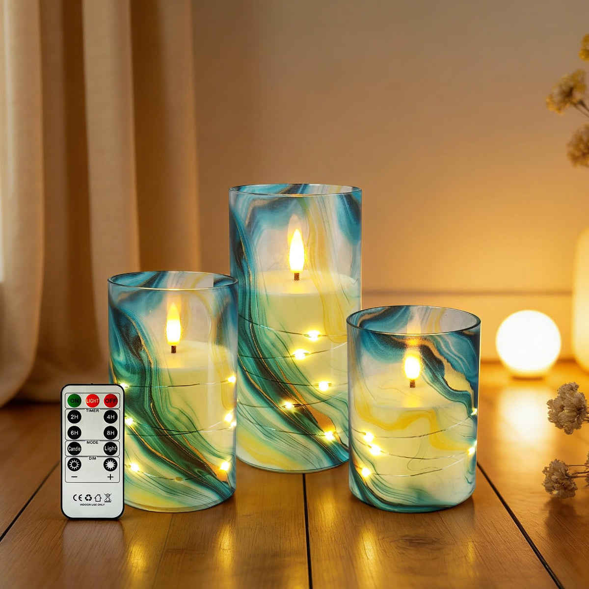 Flickering Flameless Candles Blue Water Ripple Print, Embedded Star String Lights, Battery Operated Acrylic LED Pillar Candles with 11-Key Remote and Timer for Home Decoration, 3 Pack