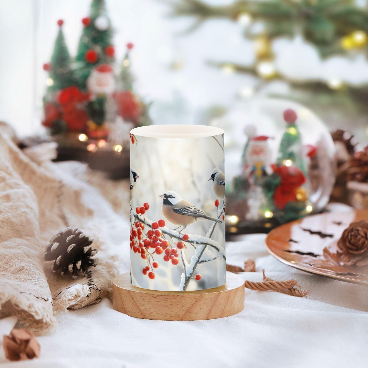 ALAZA Christmas Winter Bird Cherry Snowflake Flickering Flameless Candles Battery Operated with Remote Timer,Tea Light Candles LED Pillar Votive Candles Set of 2 for Outdoor Indoor Decorations
