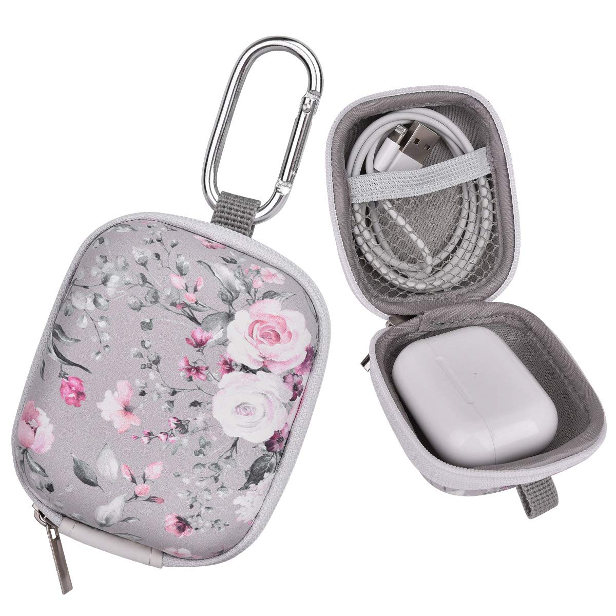 Earbud Case, AIRSPO Airpods 4 Case Airpods Pro 2nd Generation Earphone Organizer Carrying Case Small Storage Bag Hard EVA Shockproof Cover with Carabiner Clip (Grey Pink Rose)