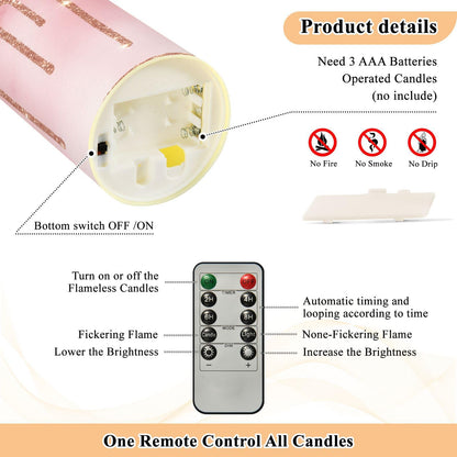 Flameless Candles Set of 2 Rose Gold Pink Glitter Drips Realistic LED Candles with Remote Battery Operated Holiday Decorations