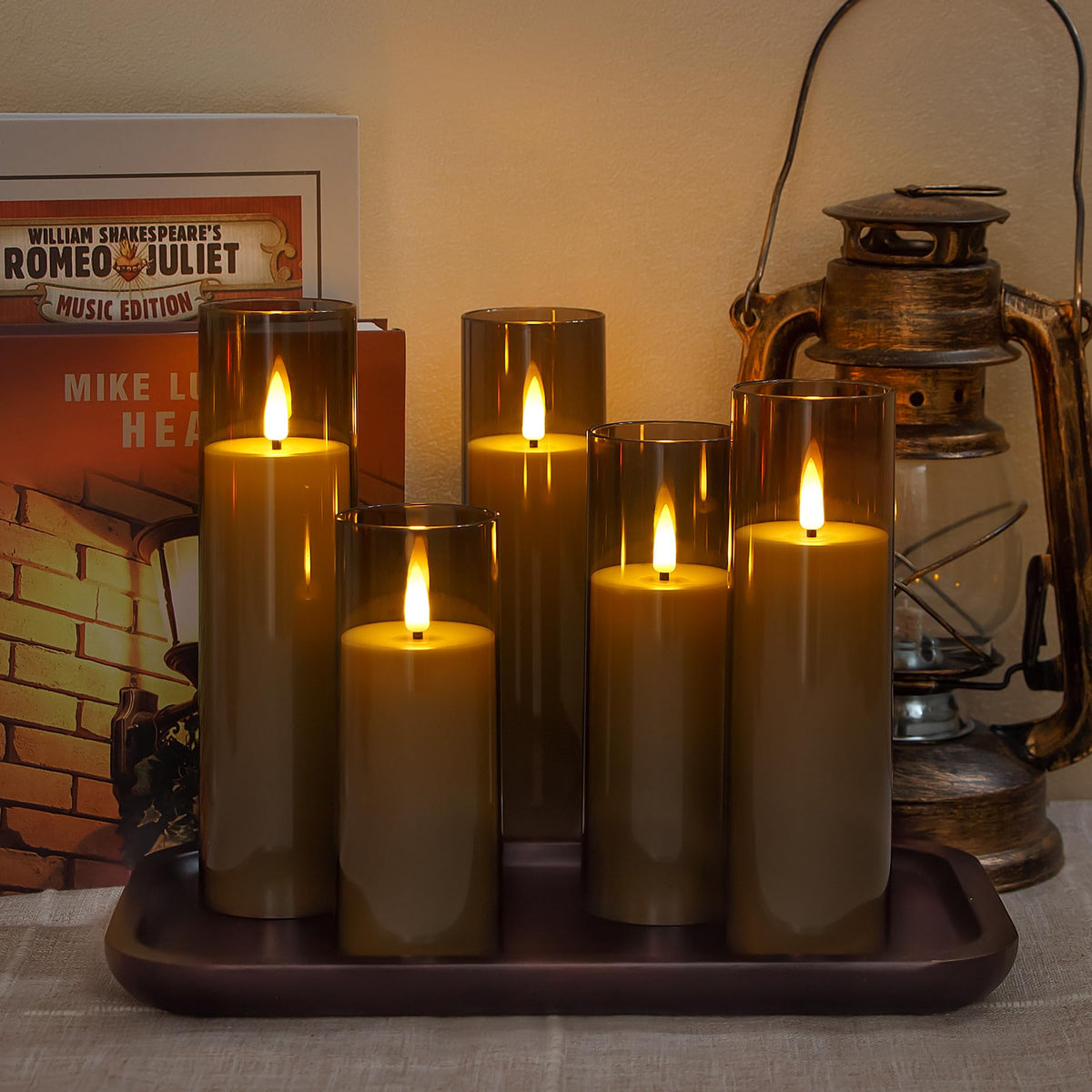 Yeelida Acrylic Flameless Flickering Candles with Remote Control and Timer, Battery Operated LED Fake 2.2" x 5",6",7",8",8" Plastic Pillar Candles for Home Decor(Long-Lasting, Grey)