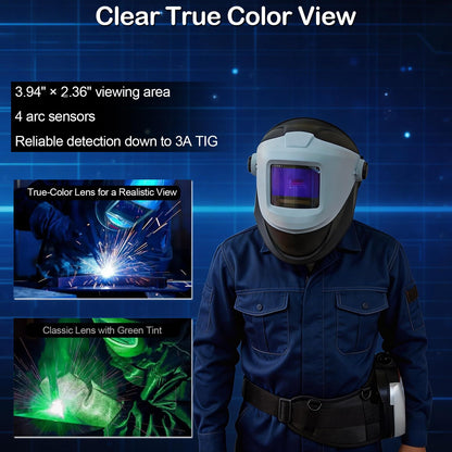 Smart Bluetooth Auto Darkening Welding Helmet with PAPR Respirator System, True Color Lens, Remote Control, Large OLED Viewing Screen, Flip-Up Welding Hood, with Portable Bag Welding Helmet