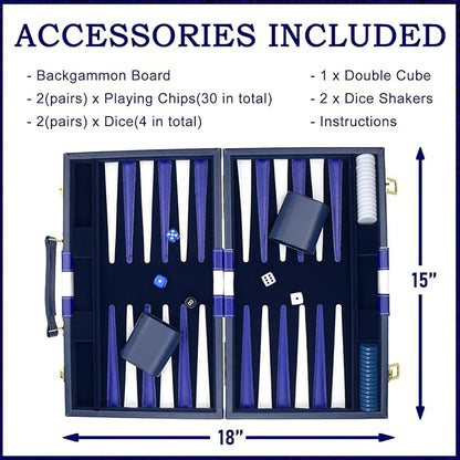 Large Backgammon Sets for Adults - Classic Board Games for 2 Players Adults and Kids - Premium Backgammon Set 15 inch Board and 30 Backgammon Pieces in Quality PU Leather Case - Gift for Man (Blue)