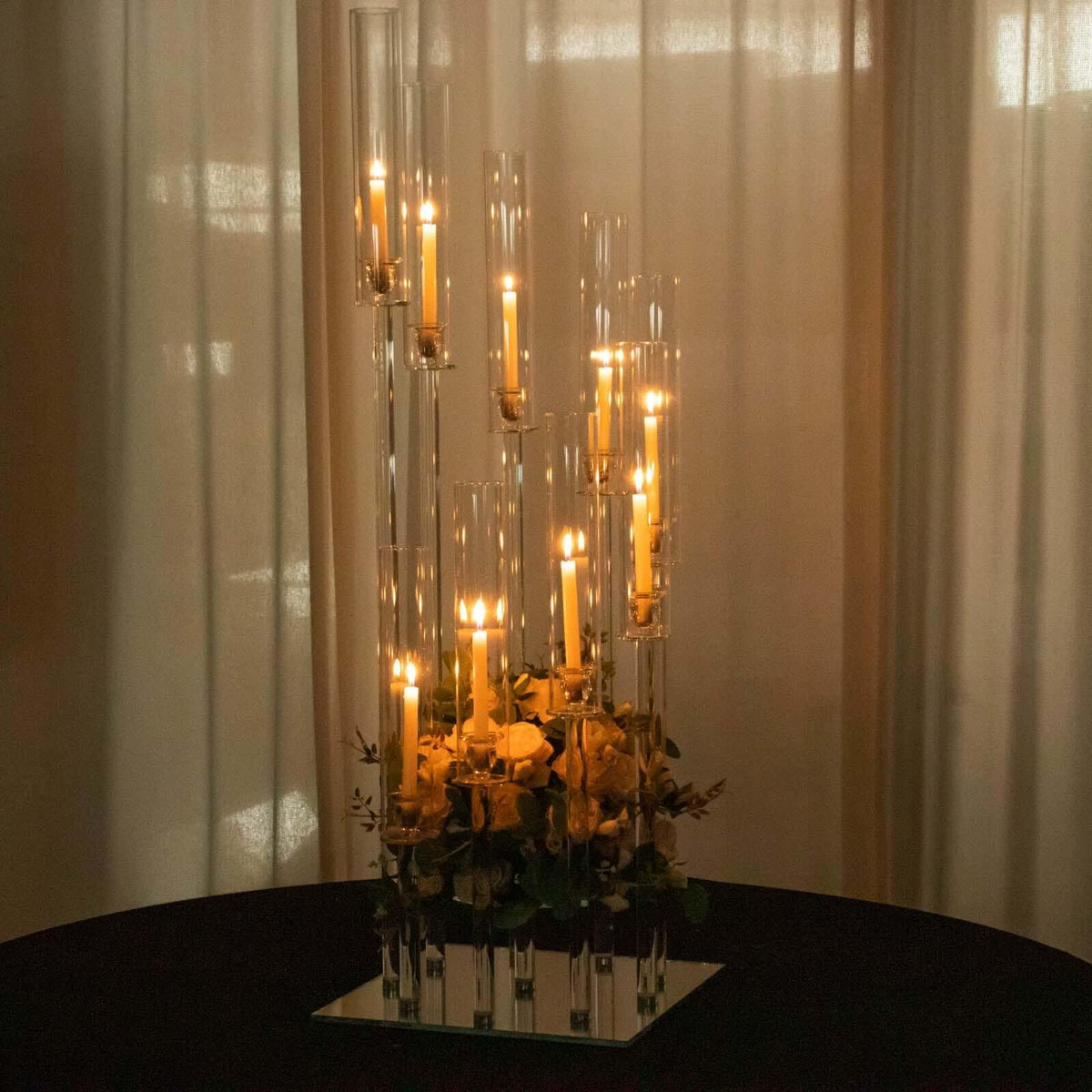 Efavormart 48" Crystal 9-Arm Cluster Glass Candelabra Floral Pedestal Stand, Square Hurricane Taper Candle Holder Stand