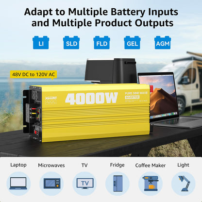 XWJNE 4000W Pure Sine Wave Power Inverter 48V DC to 120V AC Converter with LED Display and Remote Controller for Home, RV, Truck, Off-Grid Solar Power