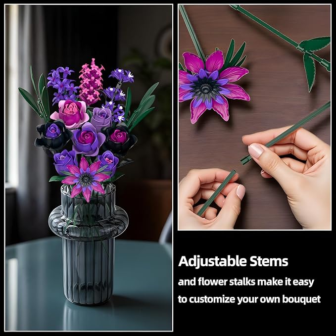 Purple Rose Flowers Bouquet Building Set - Valentines Decor Compatible with Lego Flowers for Adults Women - Gothic Home Office Table Centerpiece Decor Halloween Christmas Valentine's Gift