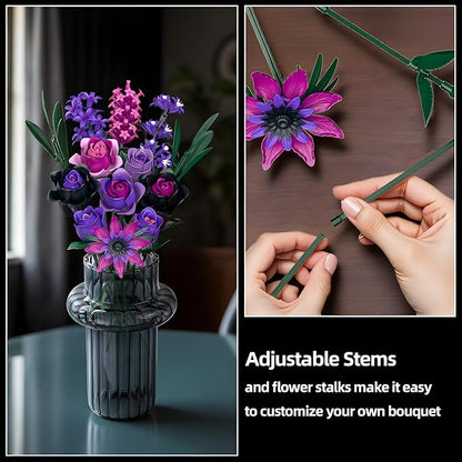 Purple Rose Flowers Bouquet Building Set - Valentines Decor Compatible with Lego Flowers for Adults Women - Gothic Home Office Table Centerpiece Decor Halloween Christmas Valentine's Gift