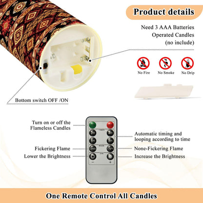 Gravopti Tribal Stripe 2 Pack Flameless LED Pillar Candles with Remote & Timer, Battery Operated, Flickering Wax Candle for Wedding, Romantic Home & Party Decor