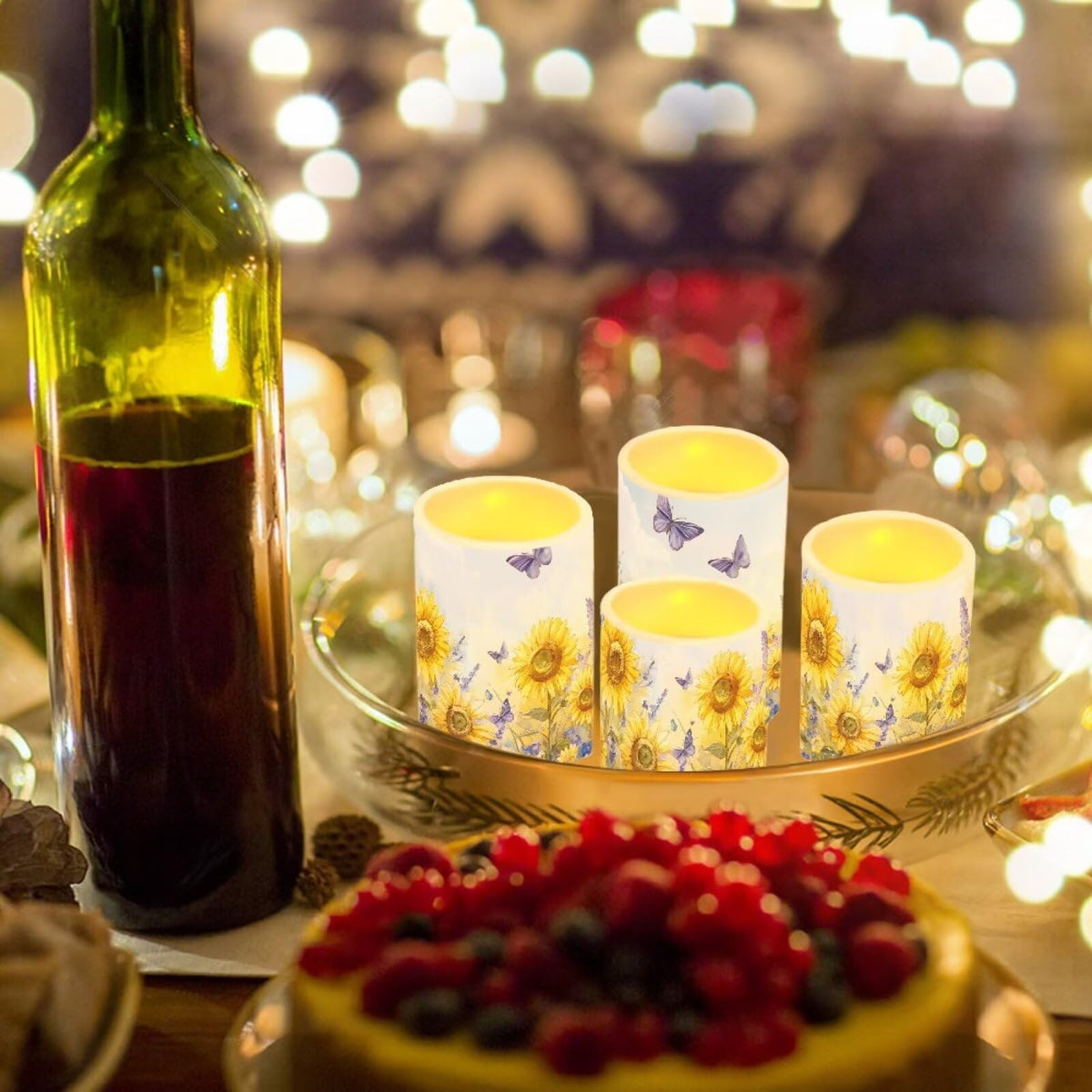 Cozeyat Sunflower Butterfly Flameless Candles 4 Pack Battery Operated LED Pillar Candles with Remote Timer Flickering Waterproof for Garden Beach Wedding Birthday