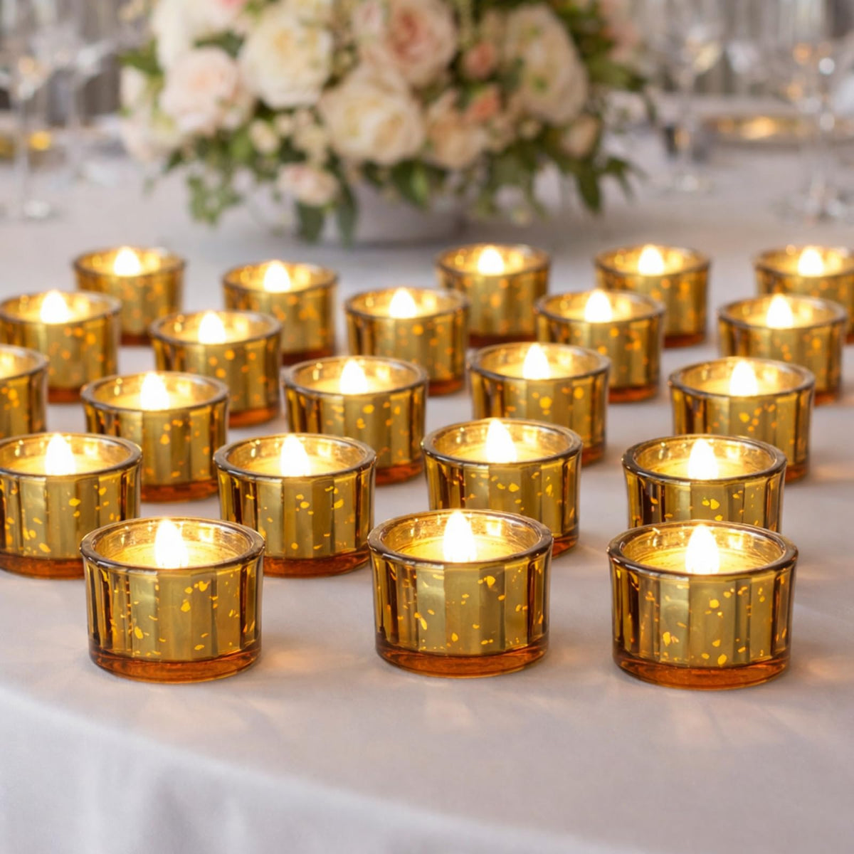 Mumufy 100 Pcs Glass Tealight Candle Holder Ribbed Votive Candle Holder for Centerpiece Wedding Proposal Spa Aromatherapy Meditation Home Decor (Gold)