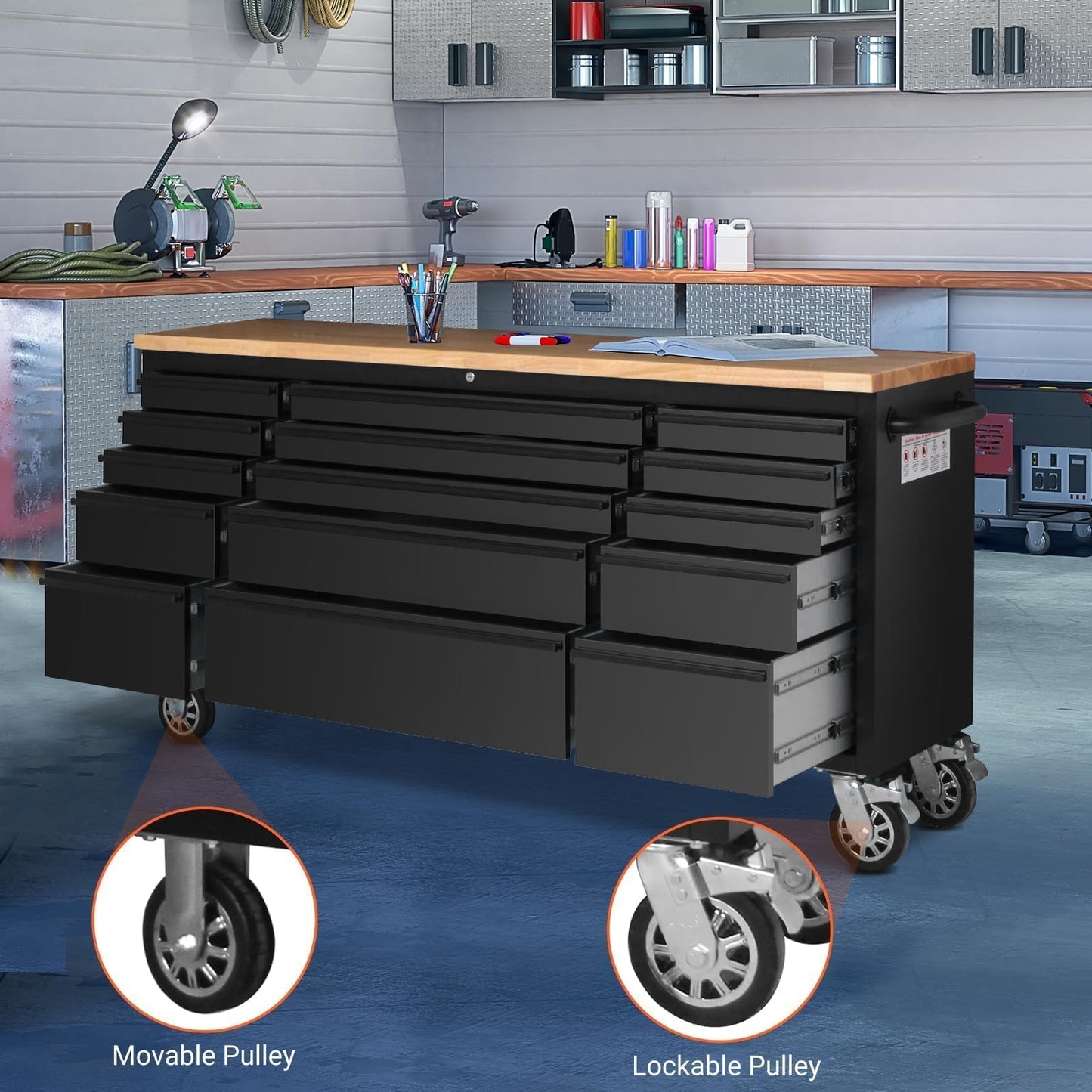 72" Heavy Duty Rolling Tool Chest,Locking Steel Tool Cabinet with 15 Drawers Mobile Workbench with Rubber Wood Work Surface Tool Box with Wheels for Workshop