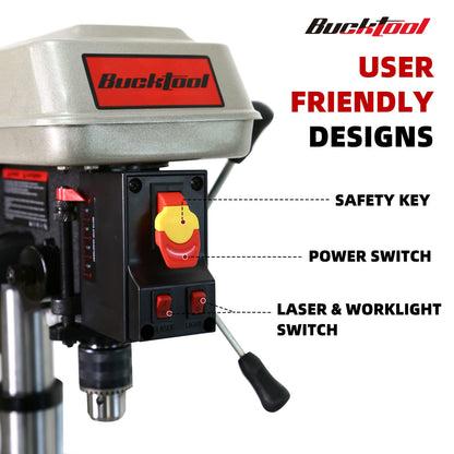 BUCKTOOL 10-Inch Drill Press 6.2 Amp 3/4 HP Bench Drill Press 5-Speed Benchtop Drilling Machine with LED Work Light