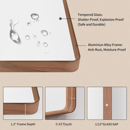 LOAAO Bathroom Mirror - 24x32 Inch Rounded Rectangle with Wood Grain Metal Frame | Anti-Rust, Versatile Hanging Options