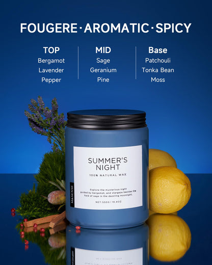 M&SENSE Summer's Night Scented Candles for Home, 19.4oz Large Natural Organic Soy Candles, 110 Hours Long Lasting, Non Toxic Clean Burn, Strong Manly Romantic Scent for Bath Stress Relief Relaxation
