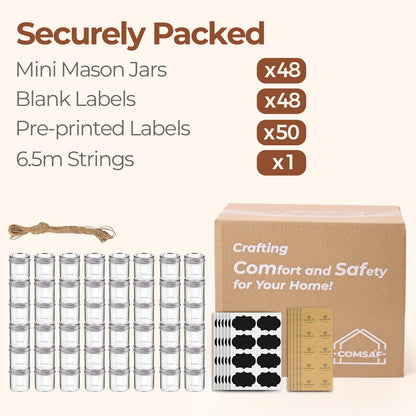 ComSaf Small Mason Jars 2 oz, 48 Pcs Mini Mason Containers, Small Canning Jars, Mini Glass Jar with Lids for Ginger Shots, Honey, Jams, Sauces, Spices, DIY Candle Decor, Dressing, Wedding Favors