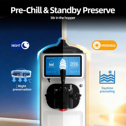 GSEICE Soft Serve Ice Cream Machine, 4 to 4.5 Gal/H Ice Cream Maker 7 Inch Screen Soft Serve Machine with Pre-Cooling & Fresh-Keeping, 6L Stainless Hopper, Enclosed Body for Home Party Café Store