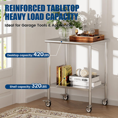 Chingoo Stainless Steel Work Table with Wheels, 24x30 Inch NSF Kitchen Prep Table with Adjustable Undershelf for Commercial Restaurant, Garage, Outdoor BBQ