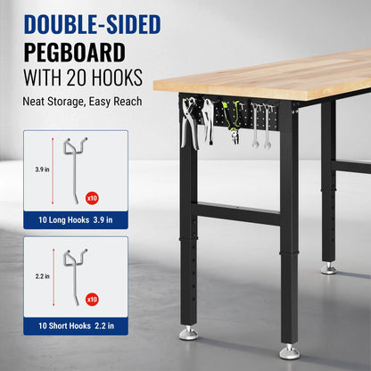 WORKPRO 96x24" Heavy-Duty Adjustable Workbench, 4000LBS Load Capacity Work Table with Power Outlet & Pegboard, Rubber Wood Top Workstation with Leveling Foot for Garage, Workshop