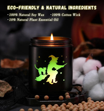 Halloween Decor Indoor-Halloween Gifts Candles for Women with LED Witch, Fall Candles with Apple Cinnamon Scent Over 40 Hours of Burn Time, Gift for Home Fall Decorations Indoor, 100% Soy Wax