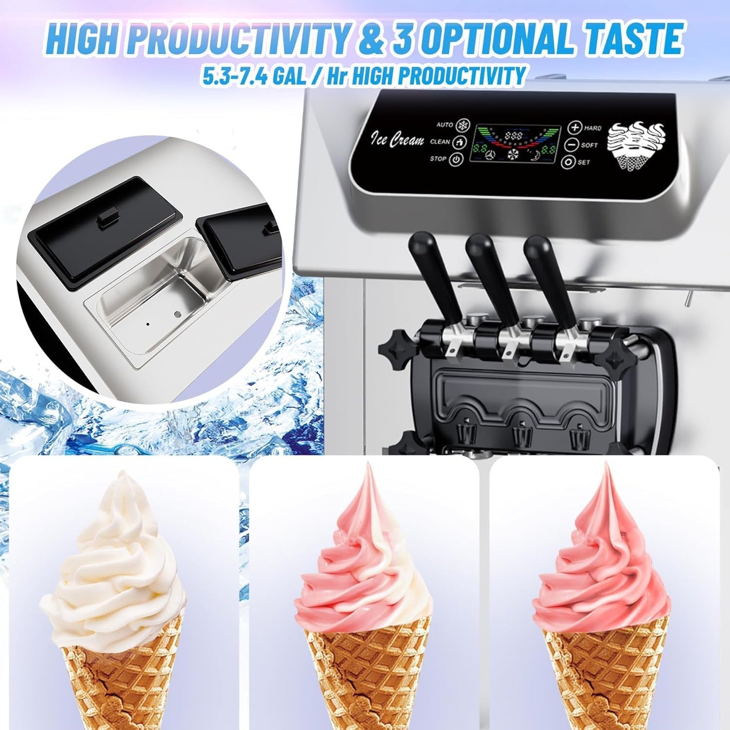 PioneerWorks Commercial Ice Cream Machine, 20-28L/H Yield, 2200W 7L X 2 Capacity, LCD Display, Auto Clean Adjustable Hardness 3 Flavor for Restaurant Snack Bars