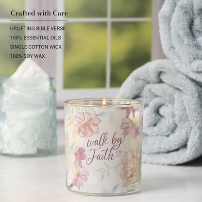 Christian Art Gifts Walk by Faith Scented Candle: Soy Wax, Pure Essential Oils, Aloe & Bamboo Scent, Bible Verse, Floral Design Glass Jar, Encouragement Gift for Women, 40 Hours Burn Time