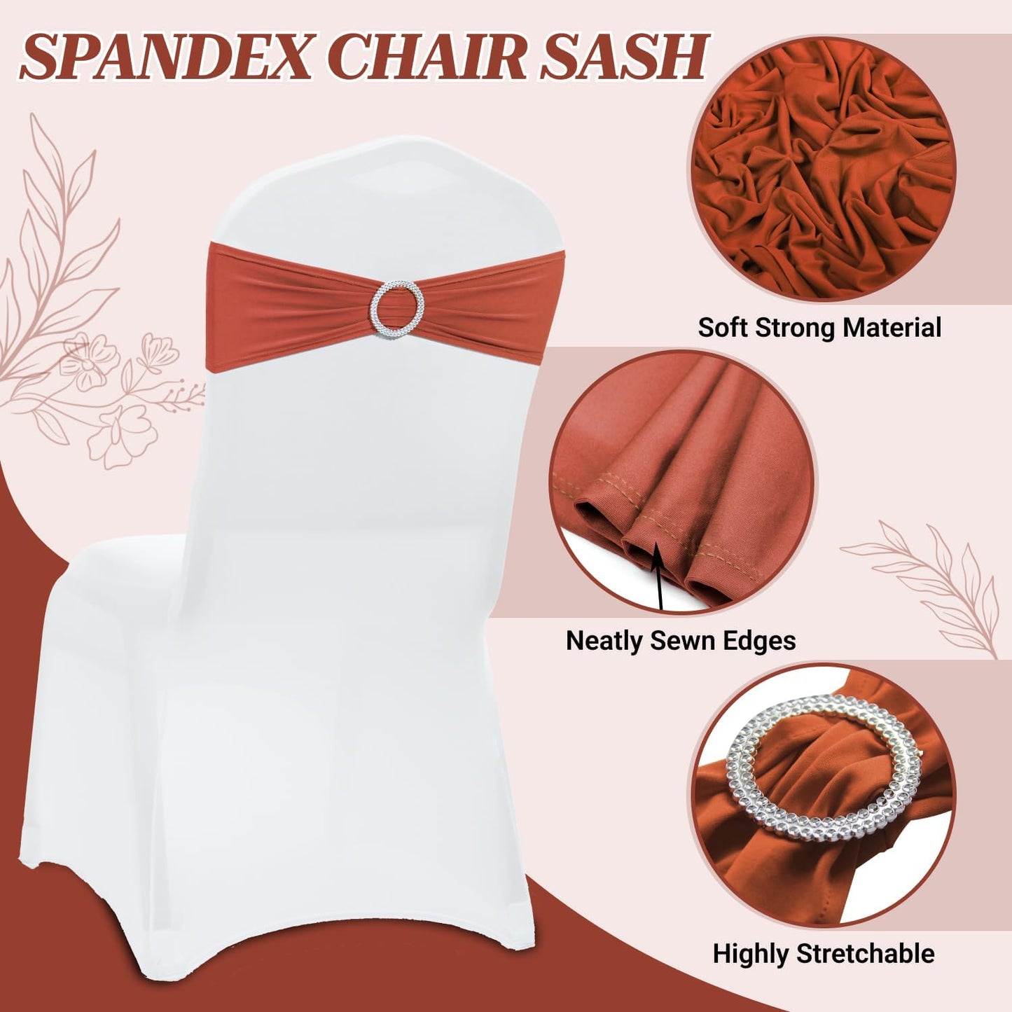 MDS Premium Spandex Chair Sashes - Stretchy Bow Covers with Buckle Slider | 50 Pack in Terracotta
