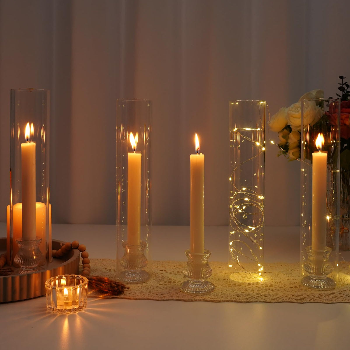 Hurricane Glass Candle Holders 10Pcs Fluted Candlestick Holders for Taper Candles with Cylinder Covers Crystal Candle Sticks Holder Decor for Wedding Birthday Christmas Table Decoration