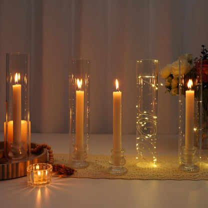 Hurricane Glass Candle Holders 10Pcs Fluted Candlestick Holders for Taper Candles with Cylinder Covers Crystal Candle Sticks Holder Decor for Wedding Birthday Christmas Table Decoration