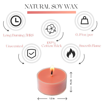 MUUFAZA 12 Unscented Natural Soy Tealight Candles in Clear Cups, 5H Long Clean Burning, Hand-Poured Orange Mini Tea Candle Set for Parties, Spa, Meditation, Gift, Holiday, Emergency, Home Decor
