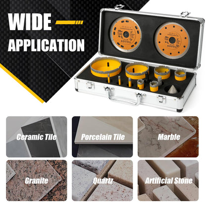 14Pcs Diamond Tile Hole Saw Kit,6/6/8/20/25/35/50/75/100MM Core Drill Bits Set with 2" Chamfer Bits and 4.9" Diamond Blades for Marble Ceramic Porcelain Tile