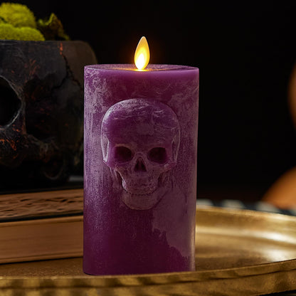 Luminara Chalky Skull LED Candle, Imperial Purple, Moving Flame, Gothic Halloween Decor, Battery Operated Flameless Unscented Wax Timer Indoor