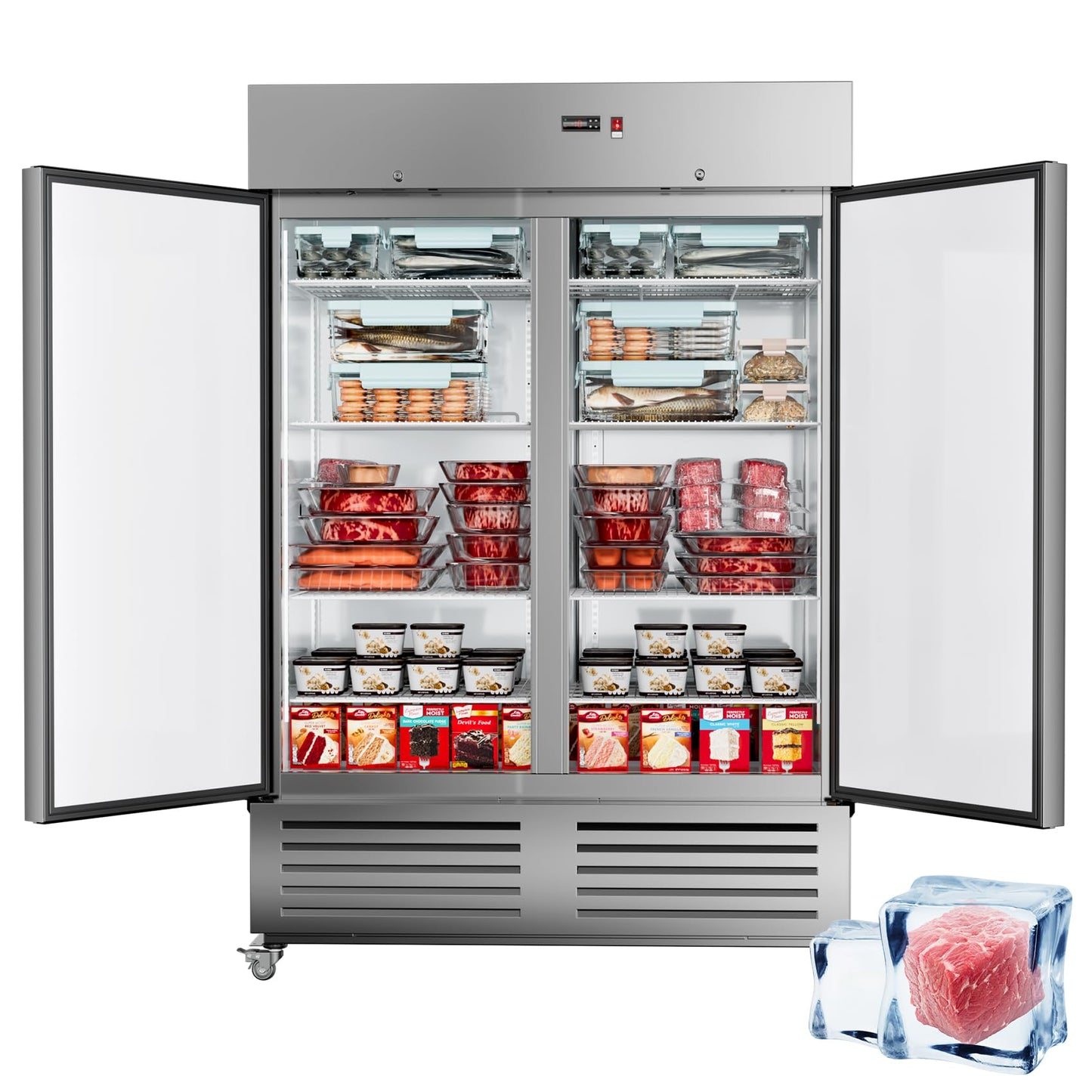 54"W Commercial Freezer 2 Door Stainless Steel Upright Freezer Reach-in Solid Door Upright Fan Cooling 36 Cu.ft 2 Section Freezer -8-1°F for Restaurant, Bar, Shop
