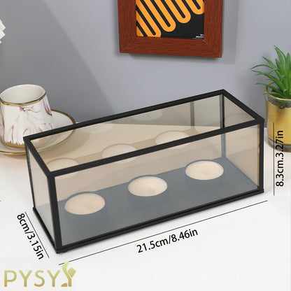 Black Metal Glass Frame Candle Holder with 3 Round Tealight Bases，Long Glass Tea Light Candle Holder Centerpiece Box, 8.5 x 3.15 x 3.15in (3 Candle Cup Bases)