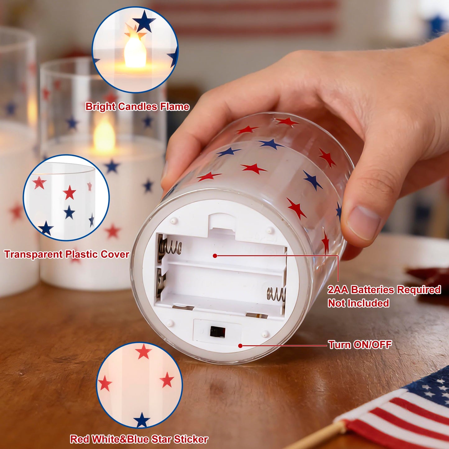 4th of July Candles, Glass Flameless Pillar Candles with Remote and Timer, Red White Blue Star Patriotic LED Candles, 250th Anniversary Battery Operated Independence Day Indoor Decor Set of 3