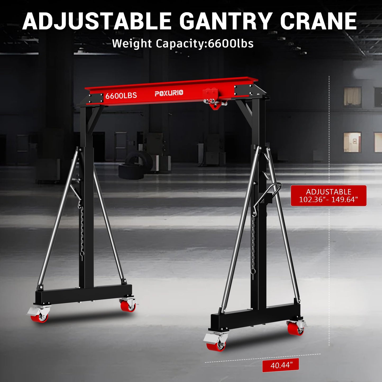 3 Ton 6600LBS Gantry Crane, 2026 Upgraded Trolley, Adjustable Height (8.53-12.47 FT), Width (9.06 FT), Steel I-Beam Construction, Portable Gantry Crane for Factories, Warehouses, Auto Repair, Red