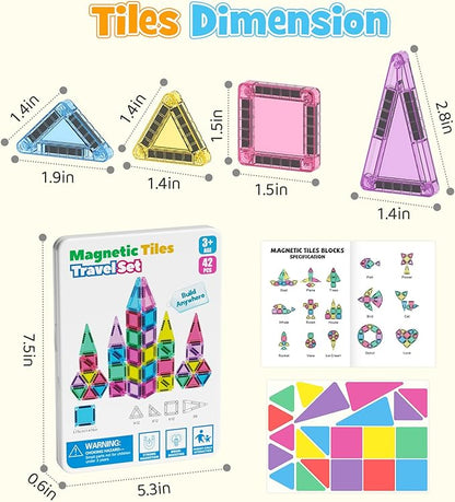 42PCS Mini Magnetic Tiles Travel Set with Iron Storage Box - Portable STEM Building Blocks for Kids 3-8 Montessori Educational Magnet Toys for Airplane Car Rides &amp On-The-Go Play