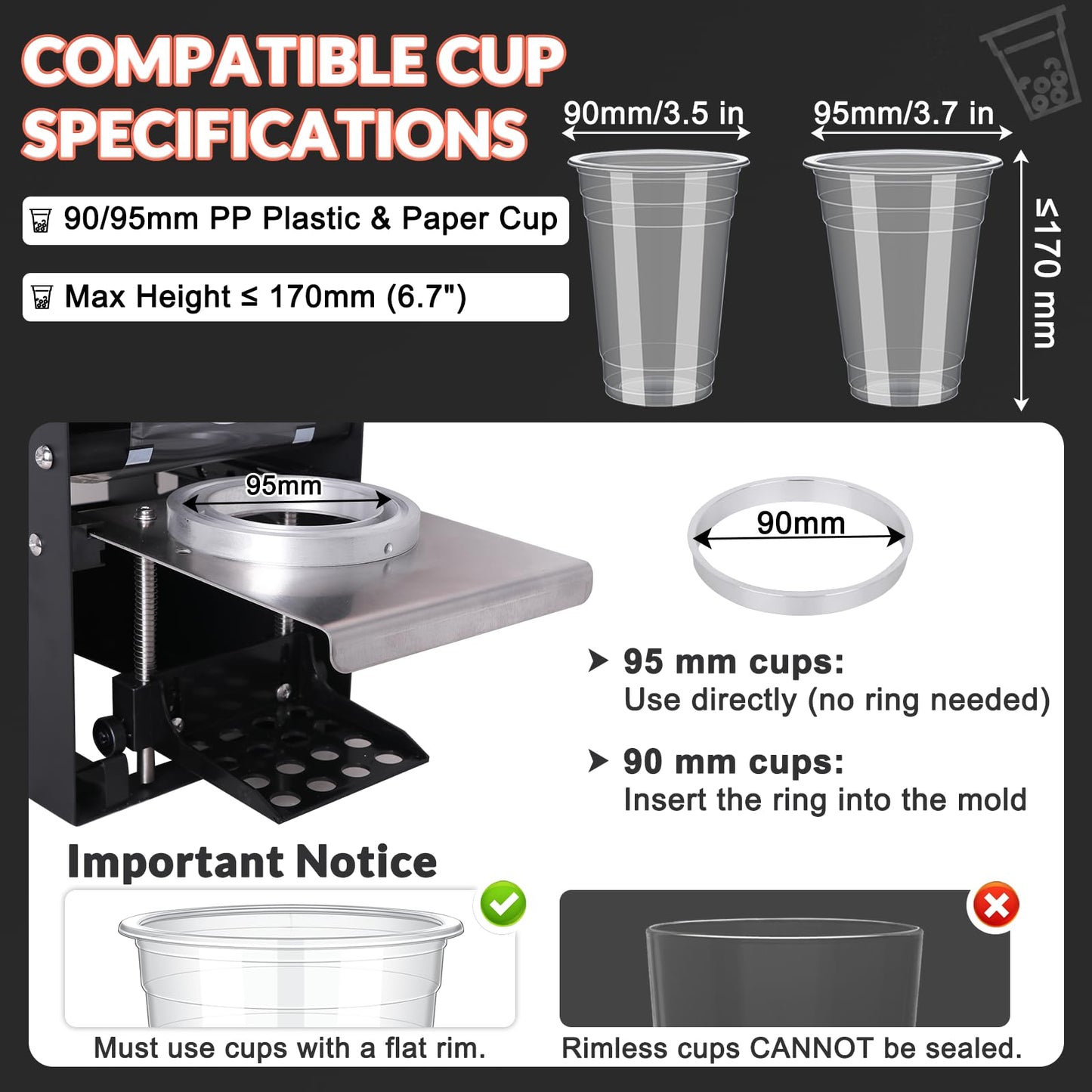 JIAWANSHUN Manual Cup Sealing Machine Electric Cup Sealer for Bubble Boba Milk Tea Cup Sealer for Height 170mm φ90mm/95mm Plastic and Paper Cup (110V)