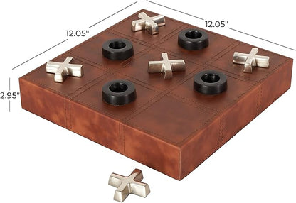 Deco 79 Faux Leather Tic Tac Toe Home Decor Game Set Decorative Board Game with Black and Silver Pieces Board Game 12 x 12 x 3 Brown