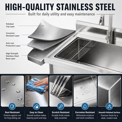 Garvee Gray Utility Sink 47" x 22" x 37", Freestanding Stainless Steel Single Bowl Laundry Sink with Pull Down Faucet, Large Workbench Top for Laundry Room, Garage, Mudroom, Modern Metallic Finish