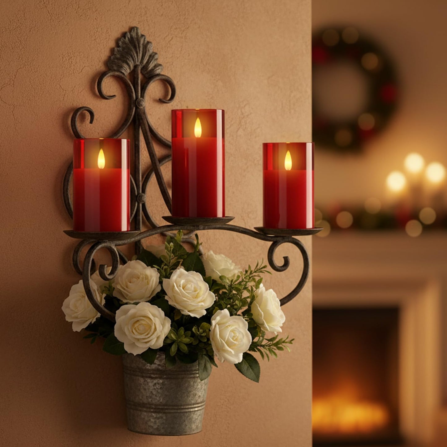Amagic Christmas Glass Flameless Candles with Remote, Real Wax Pillar Candles Batter Operated with Timer, Red LED Fake Candle for Thanksgiving Decor, Set of 3, D3 xH4 5" 6"