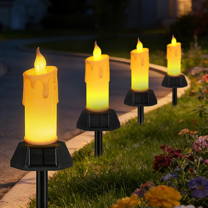 Solar Flameless Candles Outdoor Waterproof, Patented Dual-LED Flickering Flame 7" Dripping Wax Pillar with Detachable Stake, 3-Sided Solar Base for Patio, Cemetery (4 Pack)