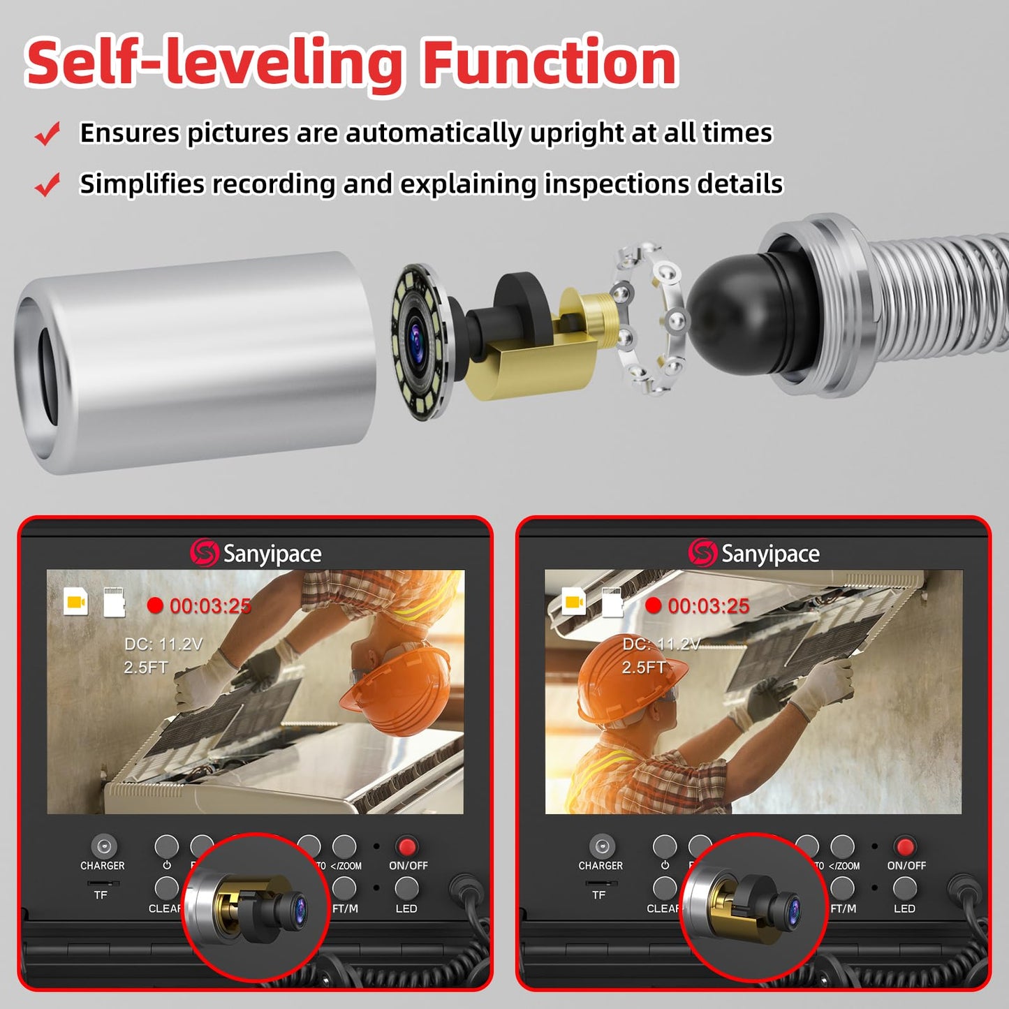 Sanyipace Drain Camera with Locator, Self-Leveling Sewer Camera with 512Hz Transmitter, Distance Counter, 5X Zoom, 4500mAh Battery, 165FT/50M Waterproof Pipe Camera for Plumbing Duct Home Inspection