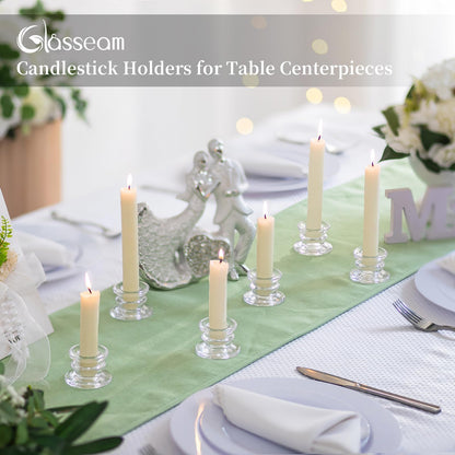 Glasseam Taper Candle Holders Bulk: 10pcs Glass Candle Sticks Holder Decor Clear Short Small Candlestick Holders Modern for Table Centerpiece Wedding Christmas Dinner Party