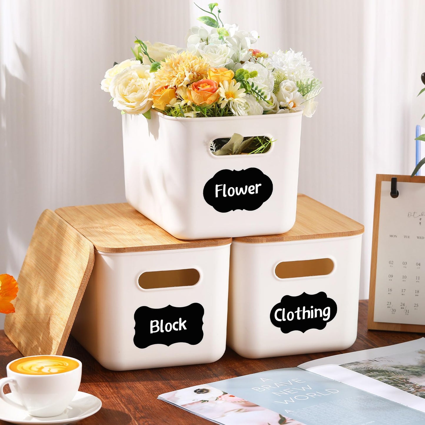 Beeveer 8 Pcs Storage Bins with Lids Plastic Storage Containers with Bamboo Lids Medicine Cabinet Organizer Handle Stackable Organizing Containers Marker 8 Stickers, 10.12 x 7.09 x 6.69 Inch