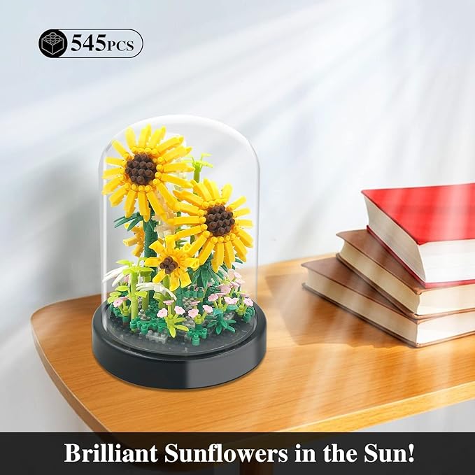 2 Flowers Bouquet Sunflowers - Rose Building Kit Creative Bonsai Tree Succulents Plant Blocks with LED Light Botanical Collection Home Office Decor Ideal Gift for Lover Adult