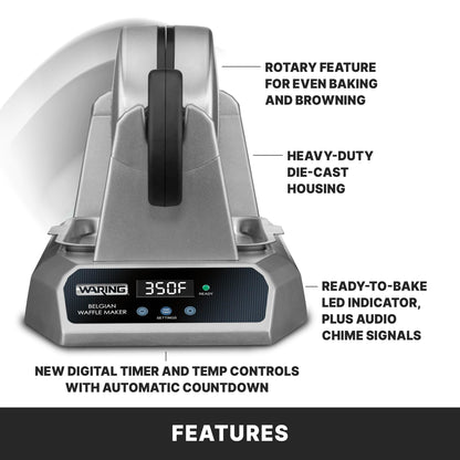 Waring Commercial Belgian Waffle Maker, 25 Waffles per Hour, Automatic Countdown Timer,Rotary Feature for Even Baking, Triple-Coated Nonstick Plates, NSF Certified, WW185X