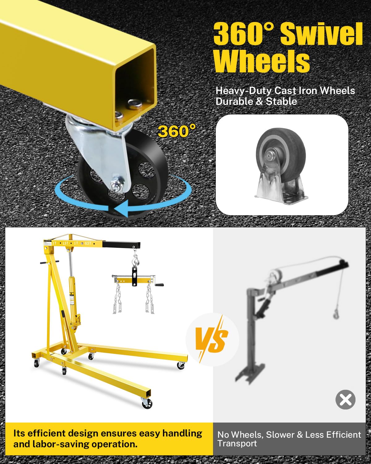 2-Ton Shop Crane with Lever, Hydraulic Folding Engine Hoist w/6 Steel Casters - Lift Car Transmissions, Boat Motors, Farm Equipment (Net Wt. 168 lbs)
