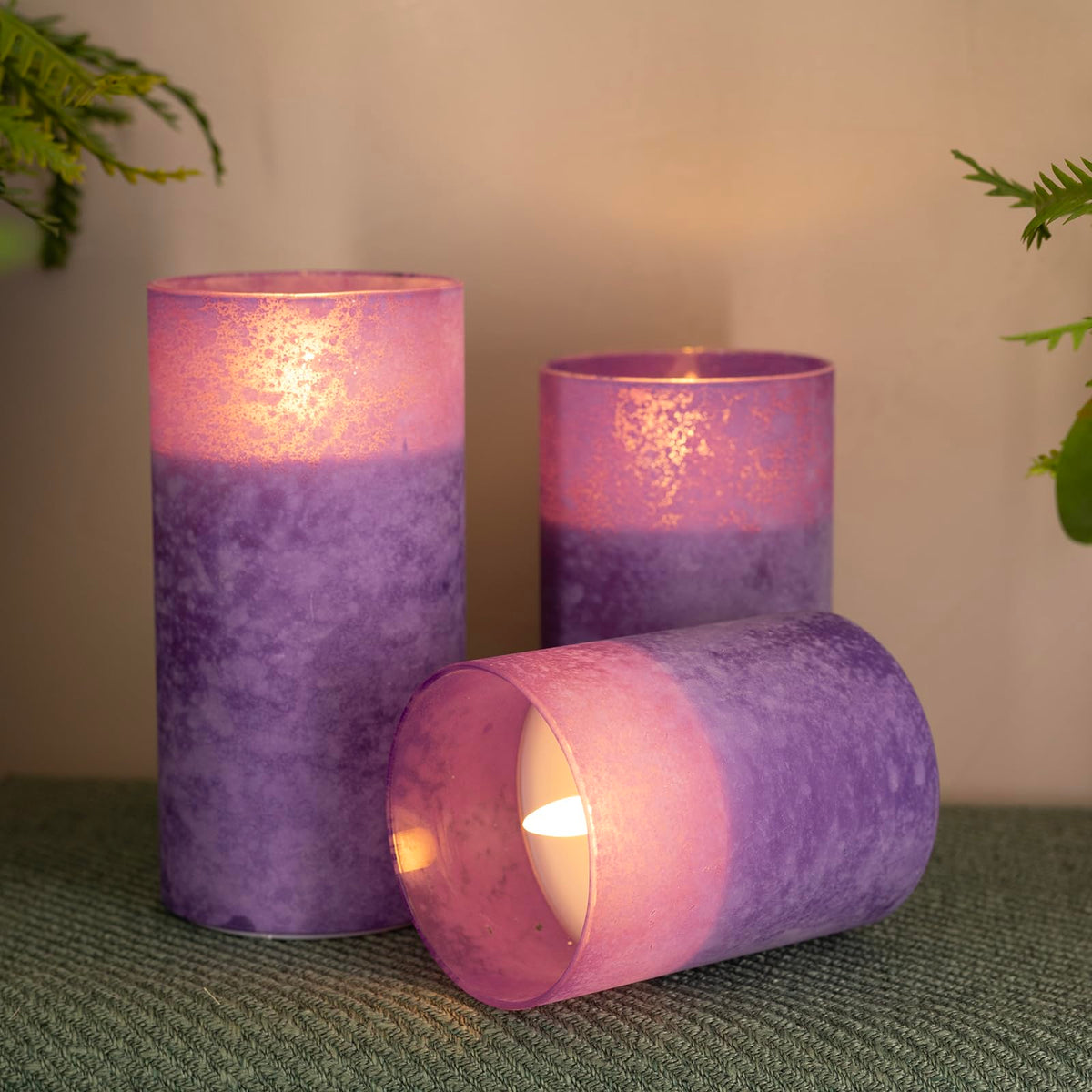 HJANDHJ Flickering Flameless Candles with 10-Key Remote - Sandblast Glass LED Pillar Candles with Timer, Real Wax Battery Operated Candles for Home Wedding Decorations (Purple, Set of 3)