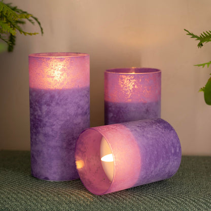HJANDHJ Flickering Flameless Candles with 10-Key Remote - Sandblast Glass LED Pillar Candles with Timer, Real Wax Battery Operated Candles for Home Wedding Decorations (Purple, Set of 3)