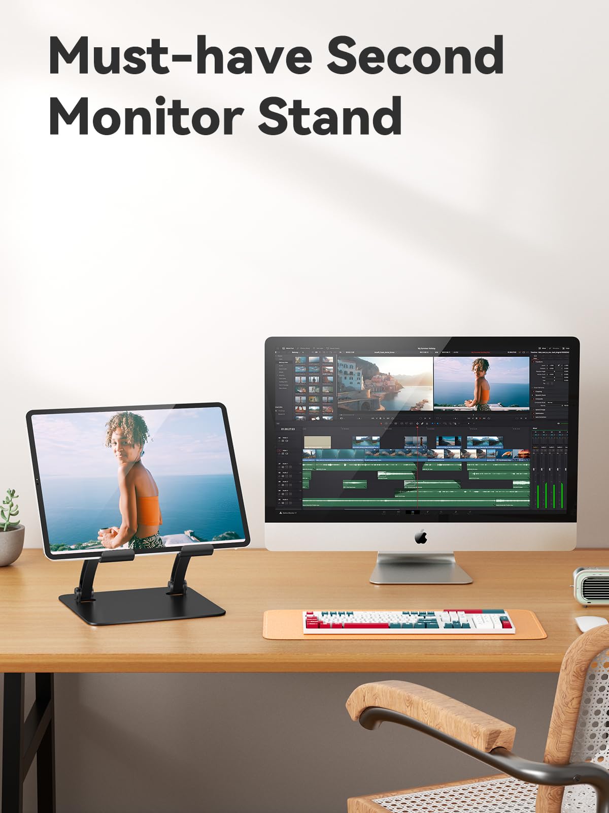 tounee Tablet Holder Stand, Dual Rod Adjustable Aluminum Desktop Stand, Compatible with 4-15.9" iPads, Surface Tablets, Portable Monitor, Kindle and More (Black)